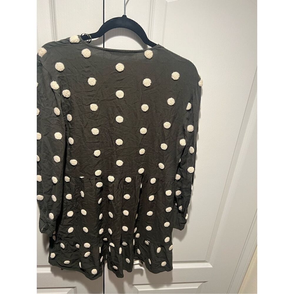 Zara Long Sleeve Baby Doll Mini Dress In olive Green And White Polka Dot Size M - Picture 5 of 7